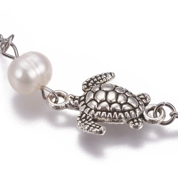 NWOT - Sweet handmade Anklet Sea turtle W natural Pearl & Aquamarine Cruise wear - Picture 2 of 5